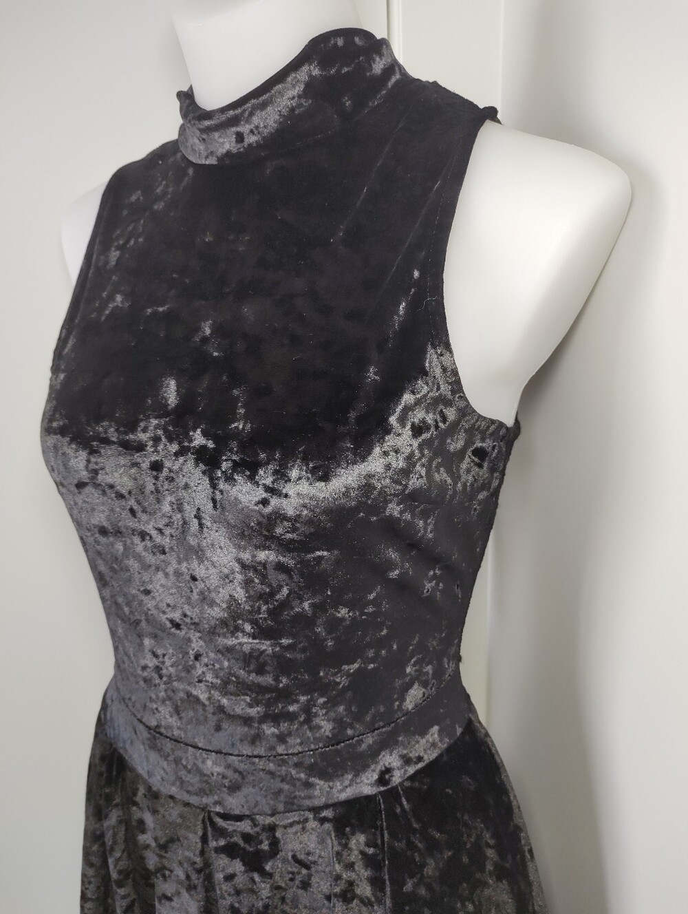 Revamped Black Crushed Velvet Mock Neck Skater Romper Dress - Picture 4 of 12